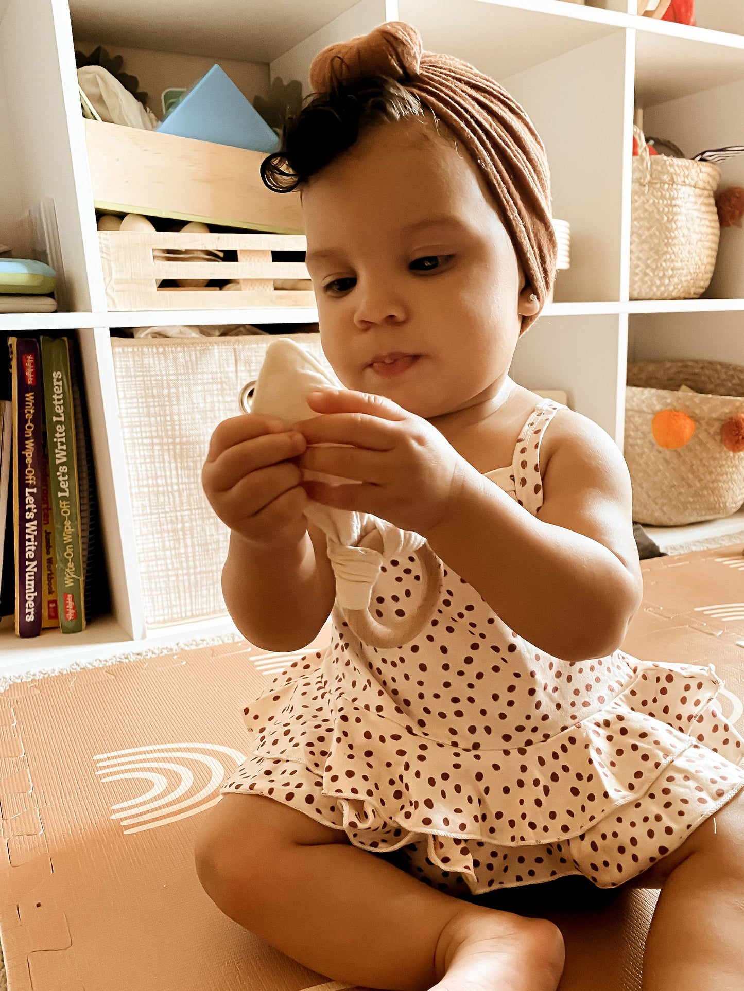 Crinkle Bunny Ears Wooden Ring Teething Toy | Beige